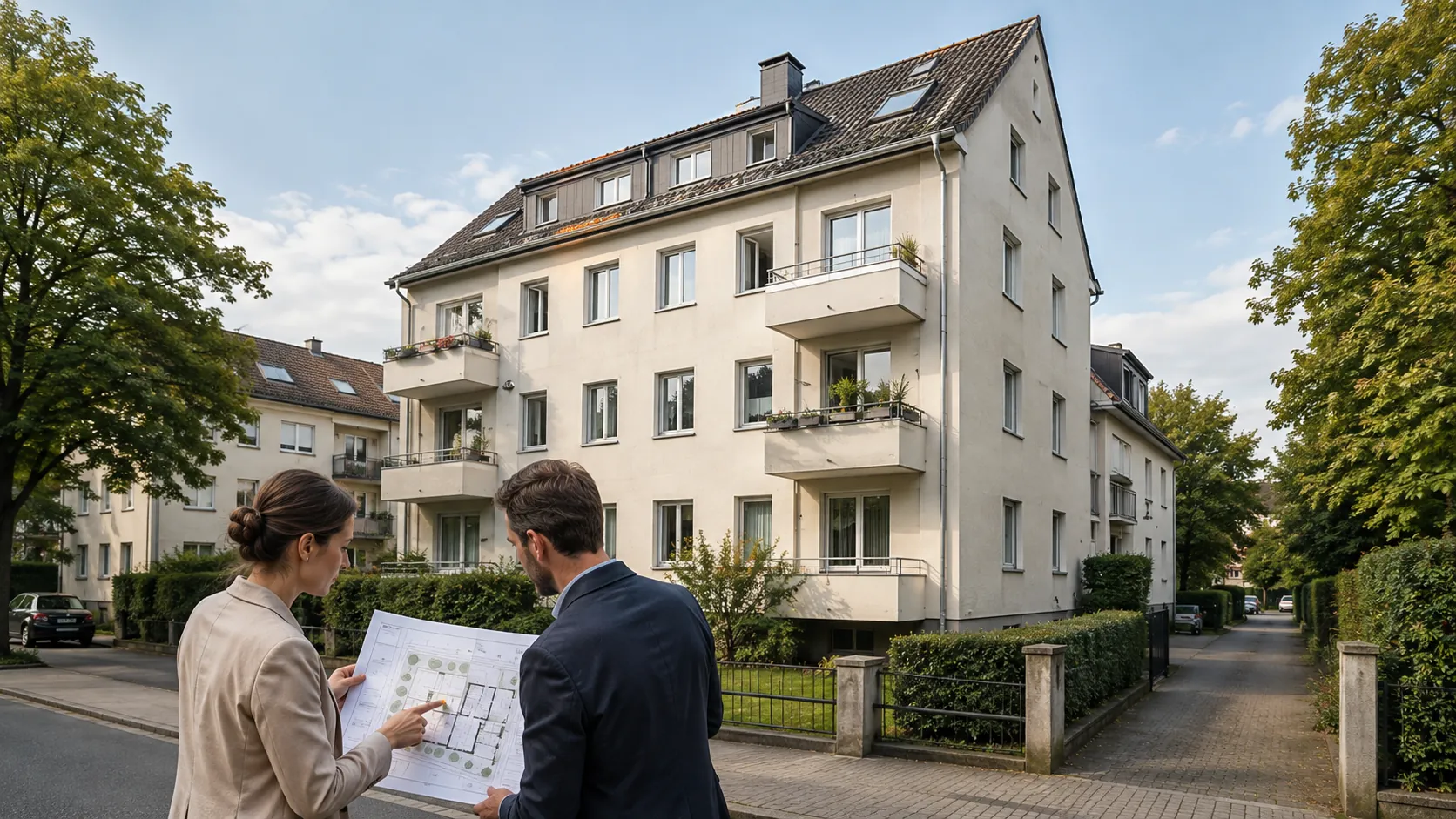 Immobilienanalyse vor einem Mehrfamilienhaus